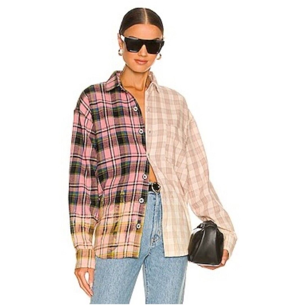 La Detresse Bleach Scorpio Flannel Color Block Oversized Plaid Shirt Small NWT